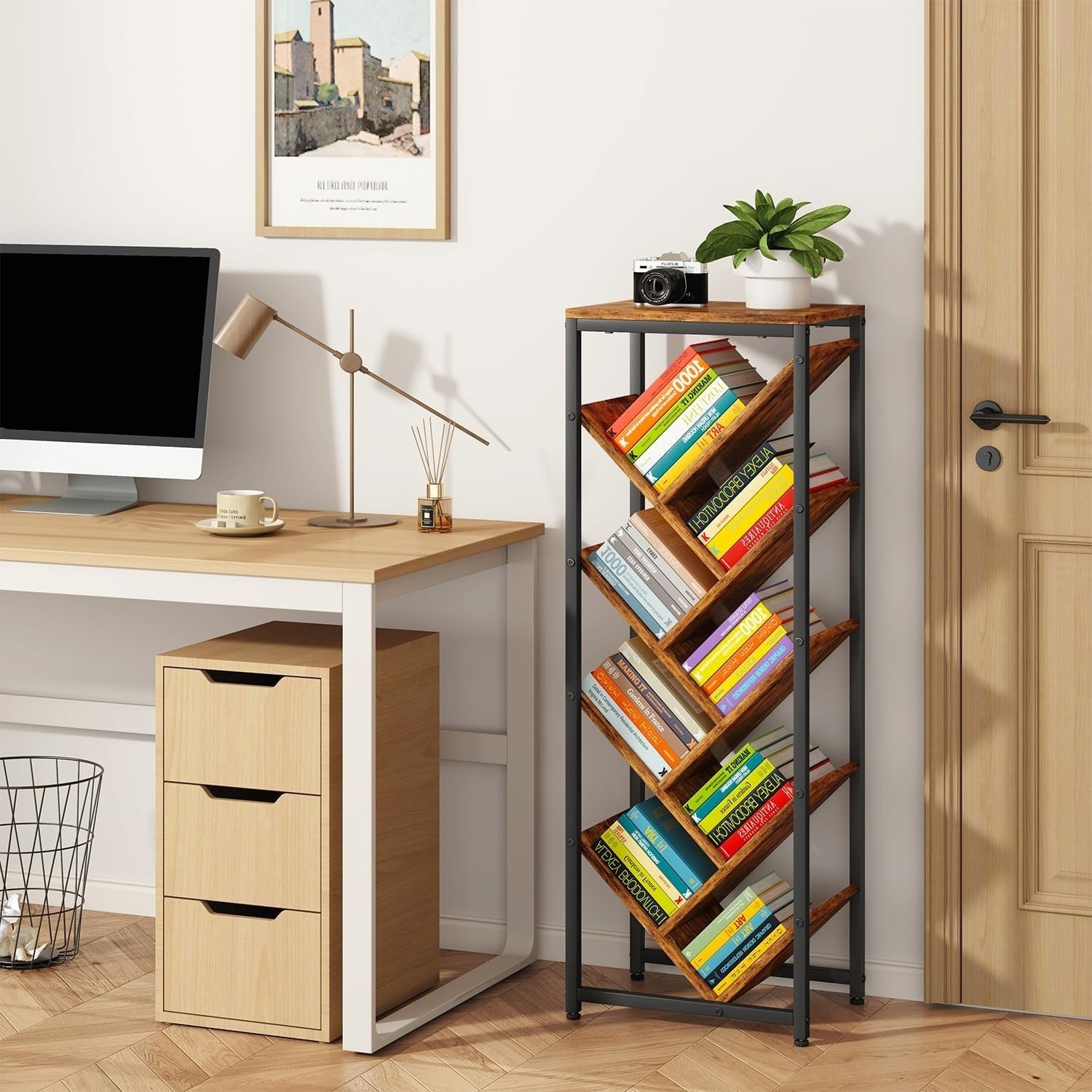 9-Tier Rustic Brown Tree Bookshelf Narrow Space Floor Standing Shelf