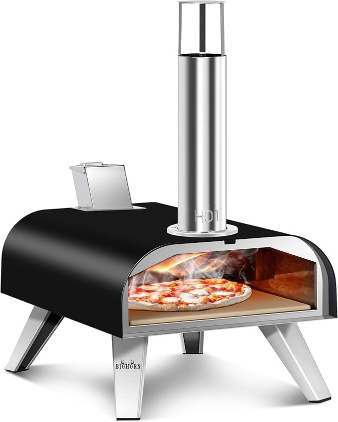 12" Outdoor Wood Fired Pizza Oven – Black Stainless Steel Pellet Pizza Maker