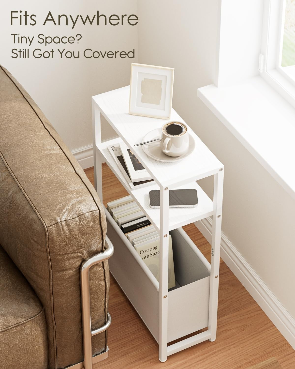 Slim White Side Table with Storage, Space-Saving Design for Small Spaces