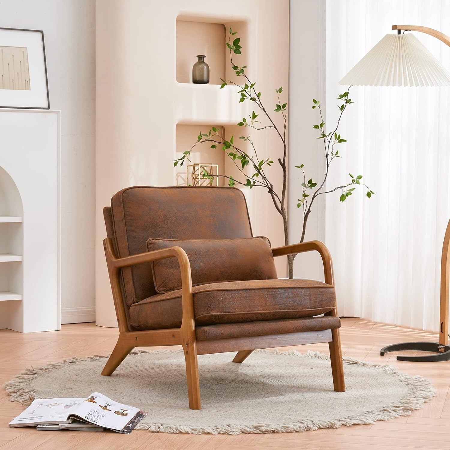 Brown Leather Accent Armchair Solid Wood Lounge Wide Arm Chair