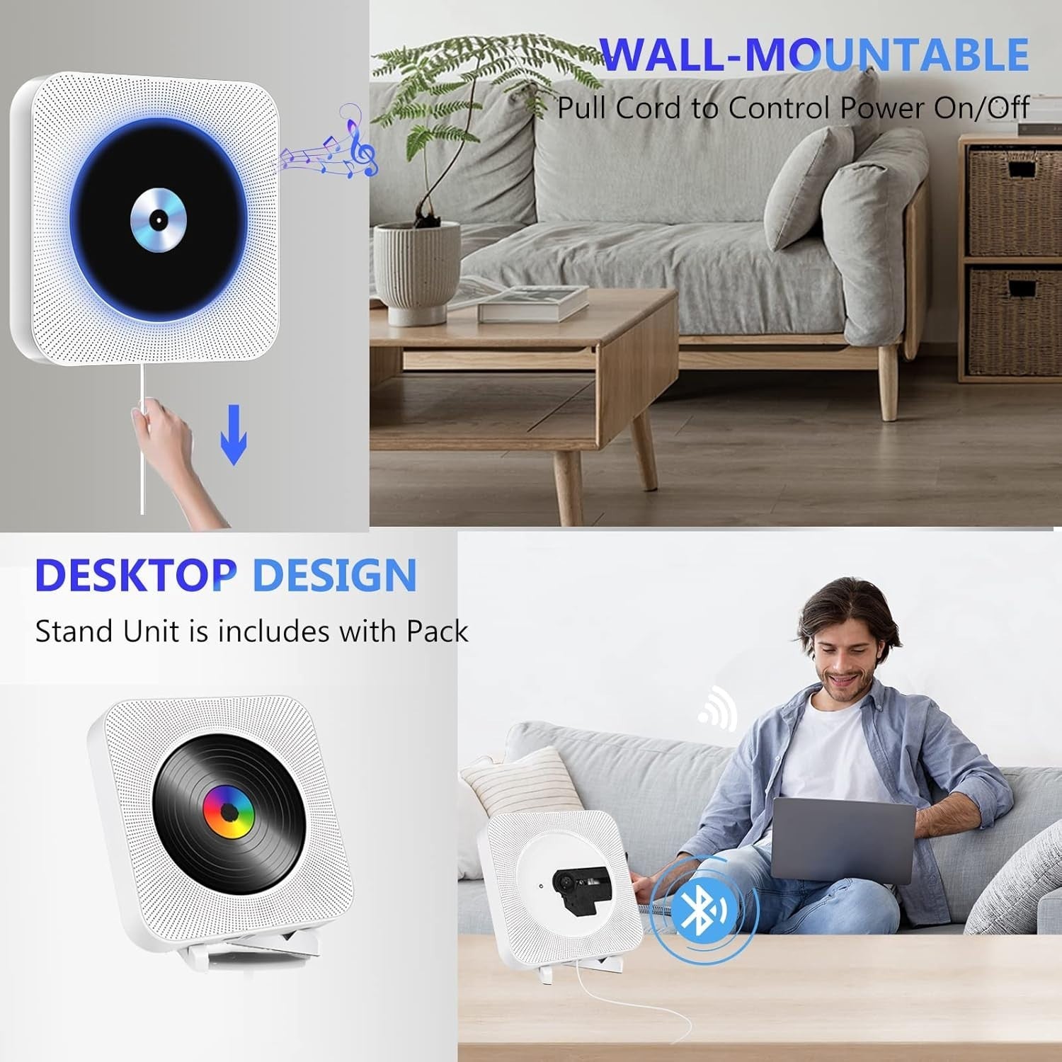 Wall Mount Bluetooth CD Player HiFi Speakers FM Radio USB AUX Remote