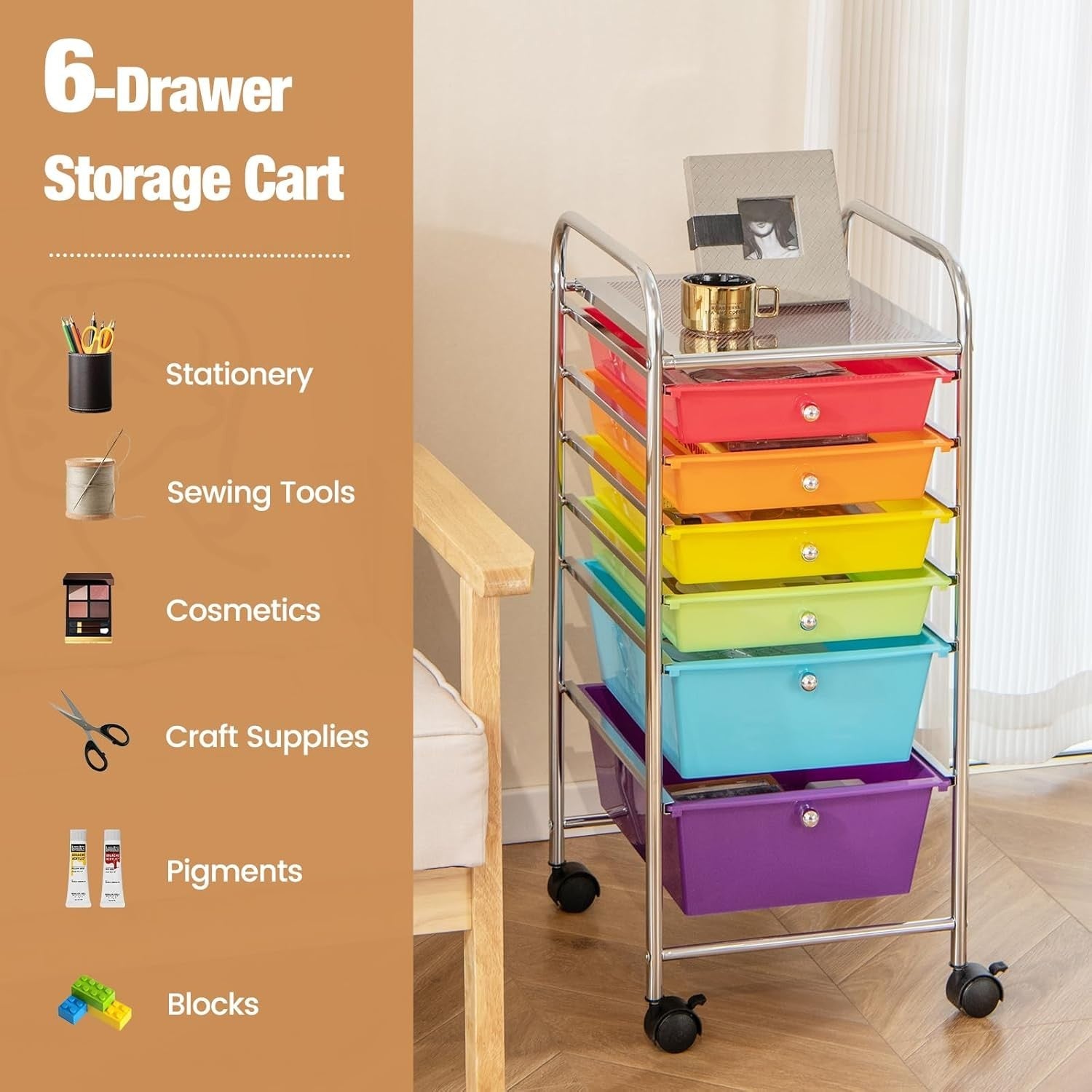 6 Drawer Rainbow Storage Trolley Rolling Organizer Cart with Wheels