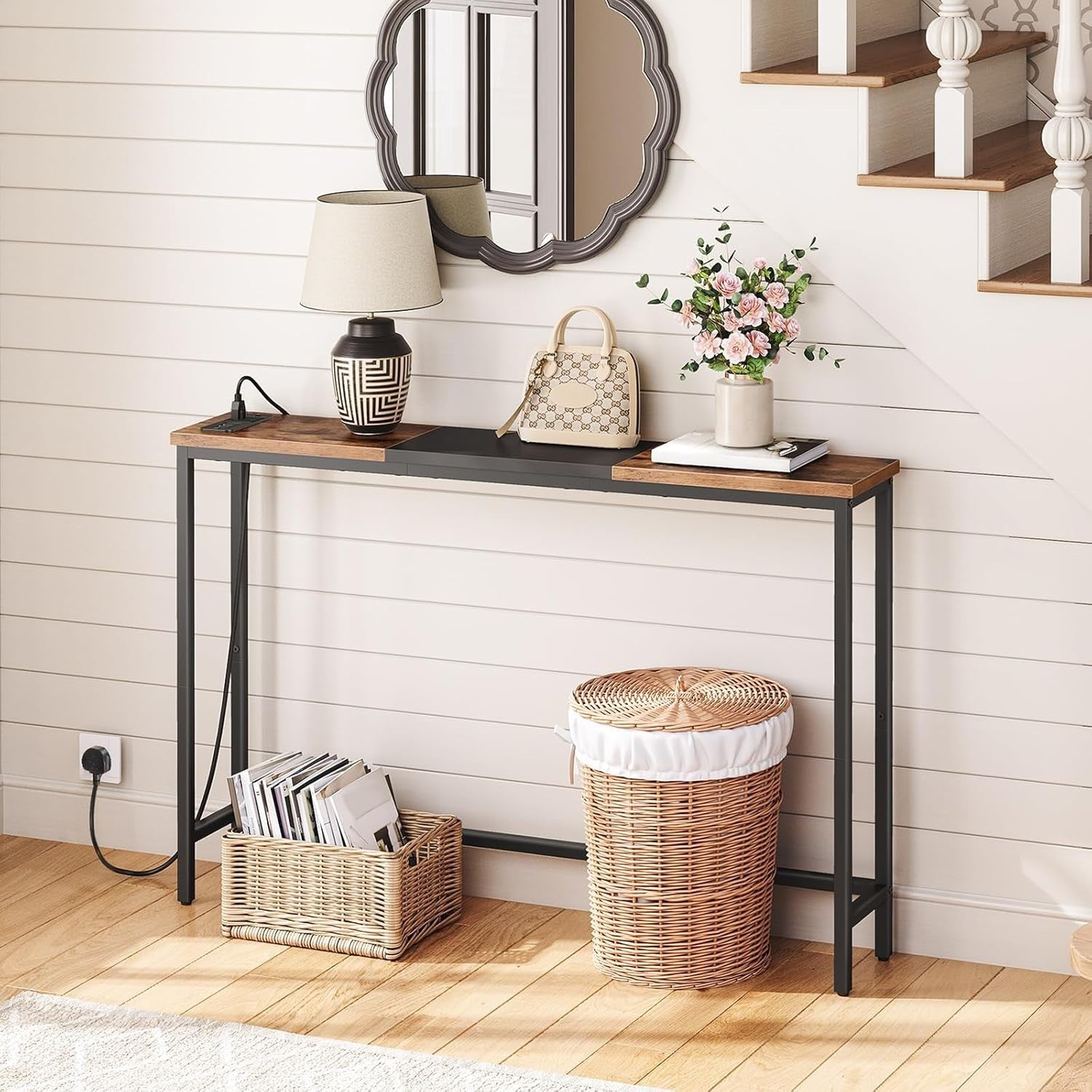 Slim Console Table with Charging Station | Power Outlet | Rustic Brown & Black