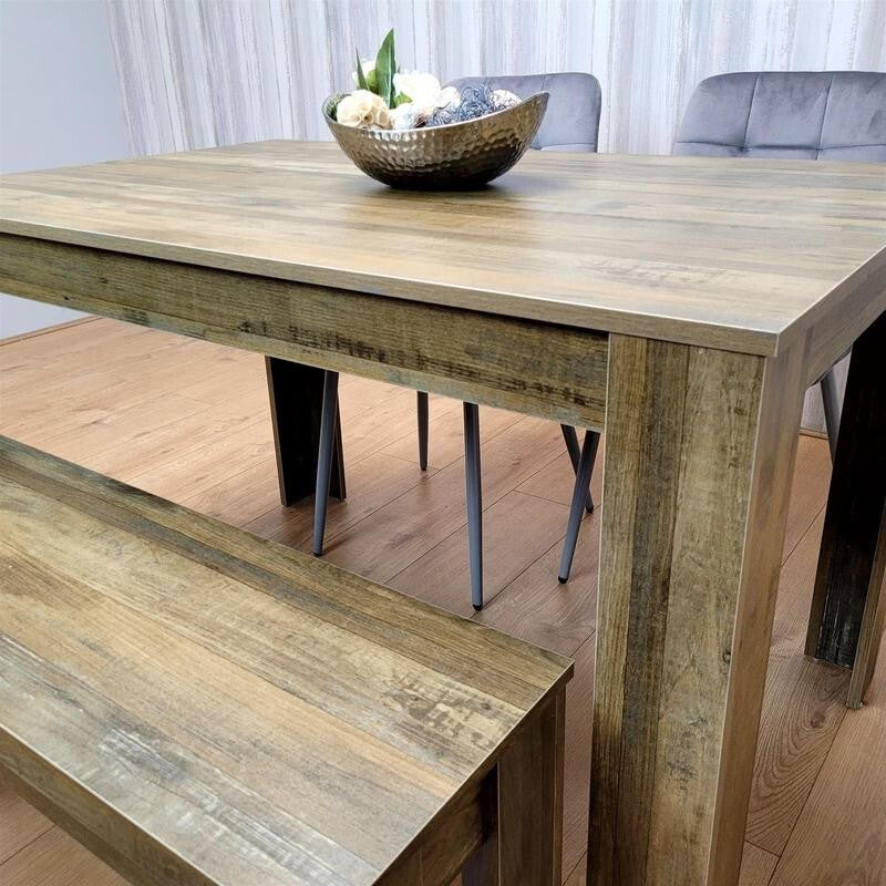Rustic Dining Table Set with 2 Grey Velvet Chairs & Wooden Bench for 4