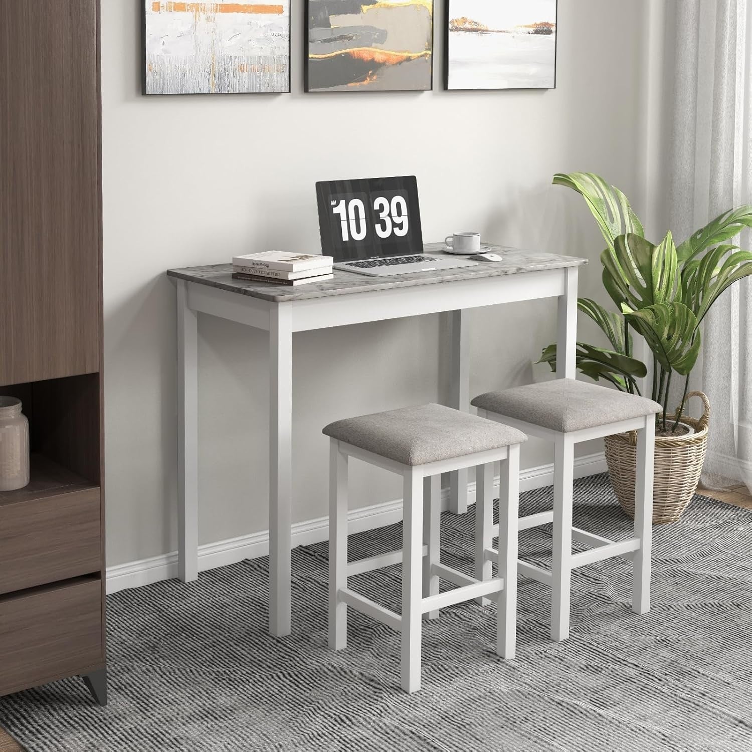 3-Piece Bar Table Set with 2 Stools, Compact Breakfast Bar with Cushioned Seats