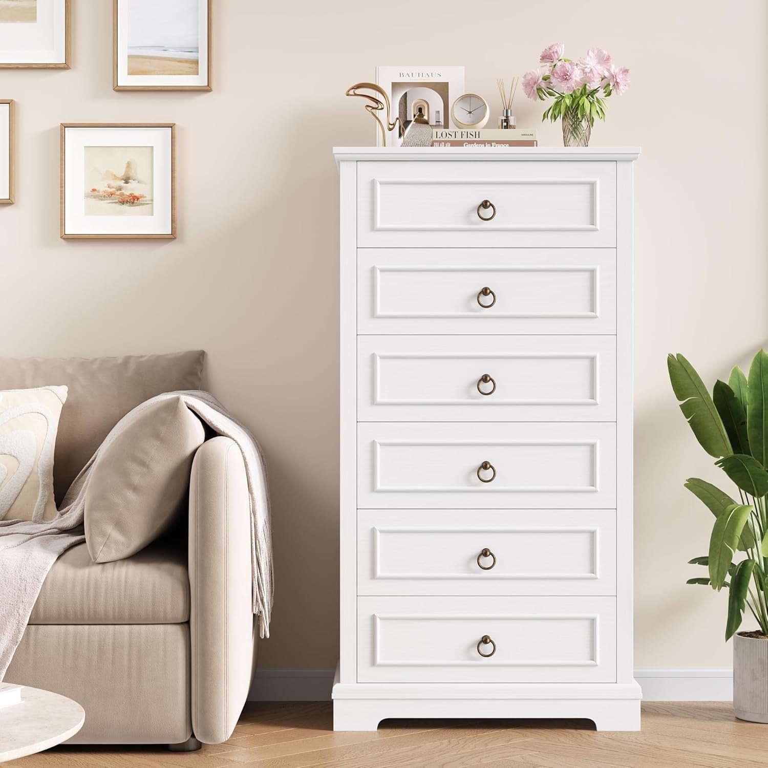 Tall White Chest of Drawers 6 Drawer Storage Cabinet for Bedroom 131cm