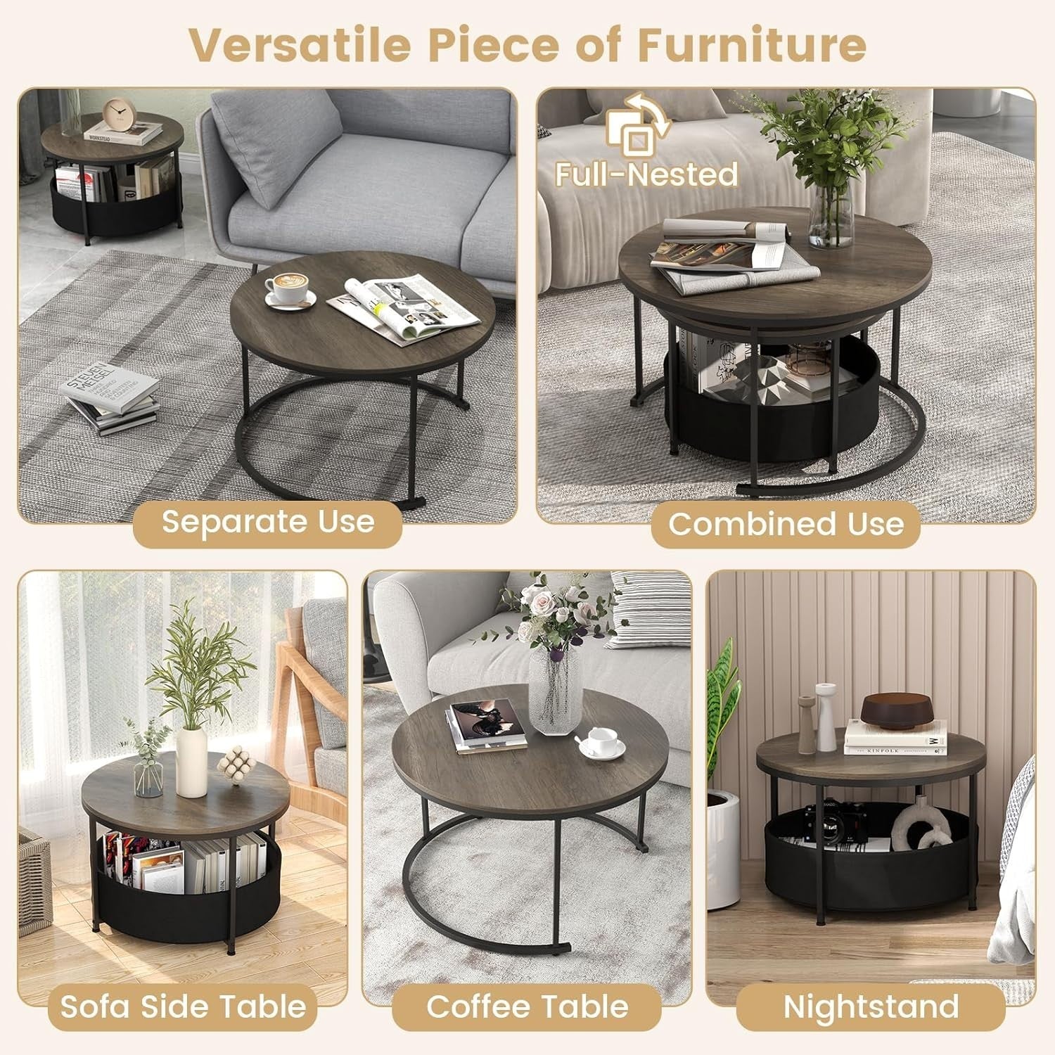 Nesting Coffee Table Set 2 Round Wood Metal Side End Tables Living Room 80CM