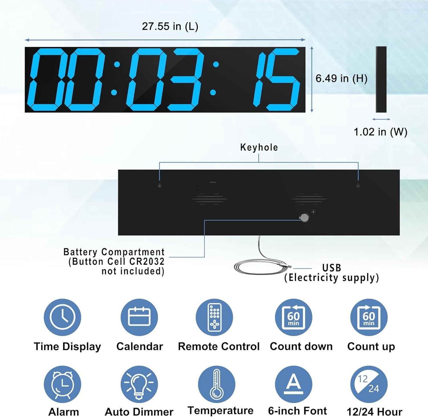 Oversized LED Wall Clock 27" Digital Timer Remote Date Temp Display Blue