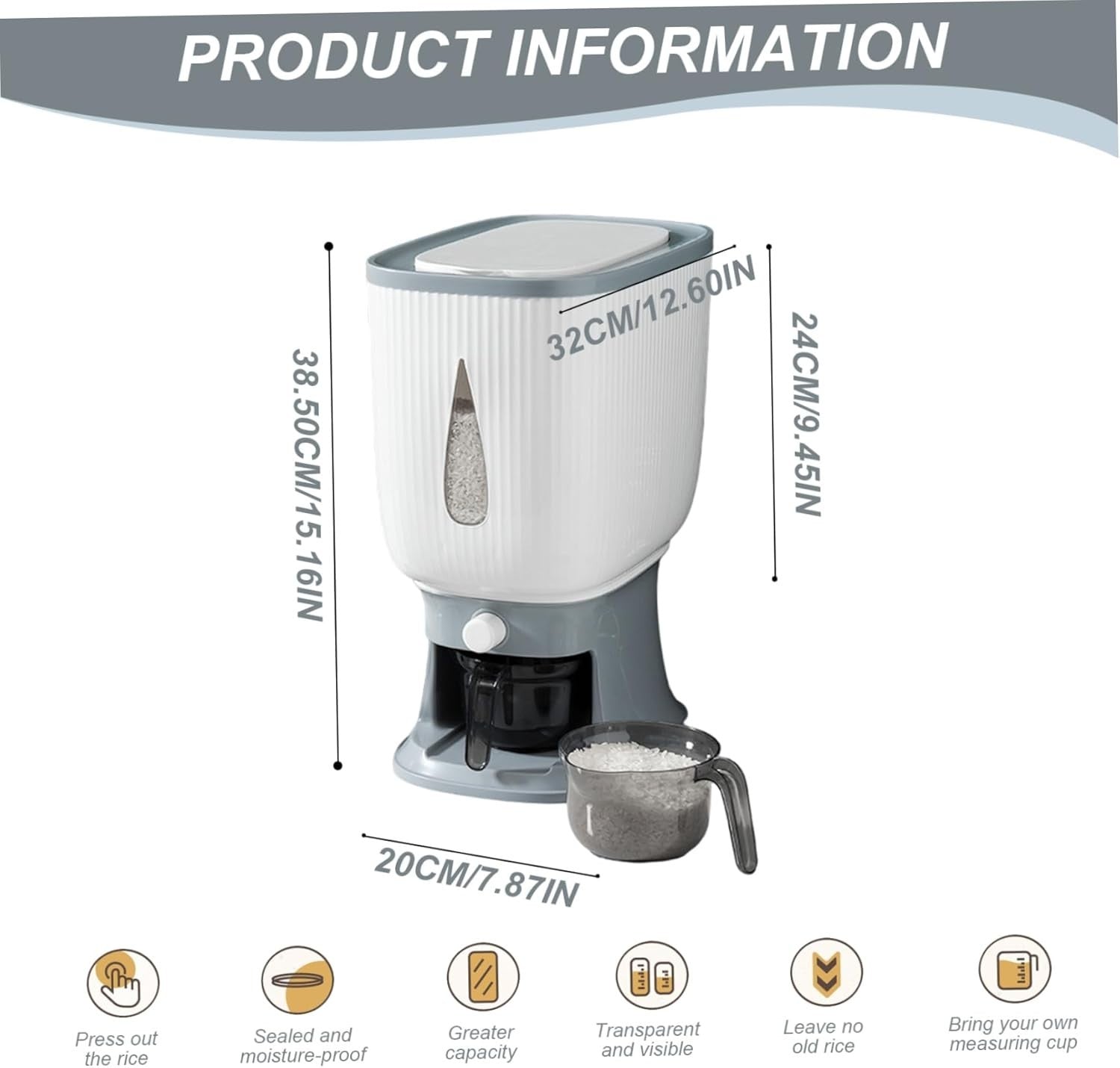 10KG Airtight Rice Dispenser Moisture Proof Grain Storage Container Cup