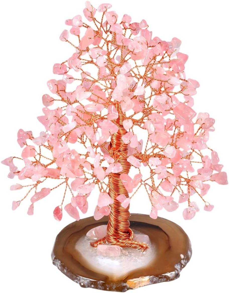Rose Quartz Crystal Money Tree • Feng Shui Gemstone Decor • Healing Agate Base
