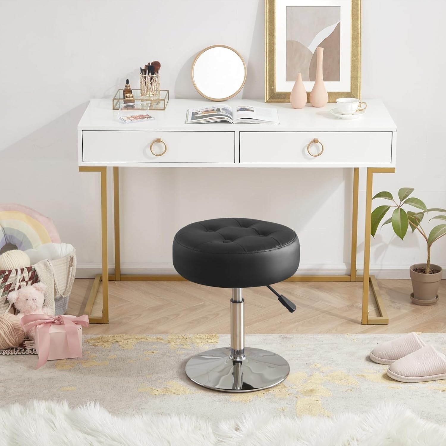 Black PU Leather Vanity Chair – Adjustable Round Swivel Makeup Stool