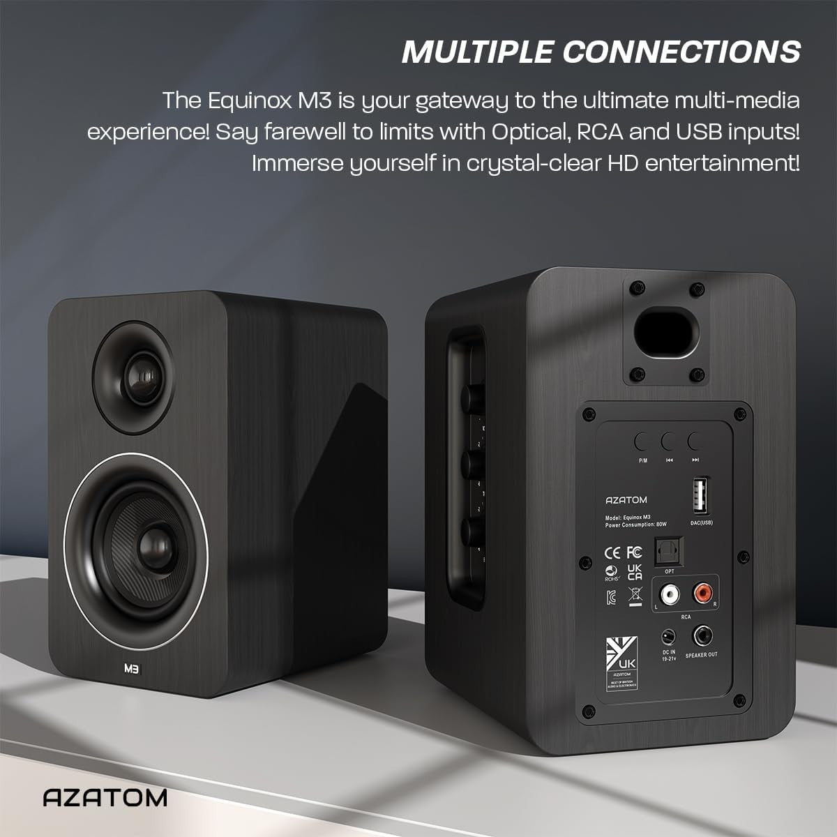 60W Bluetooth Bookshelf Speakers Carbon Fibre 24bit DAC Optical USB