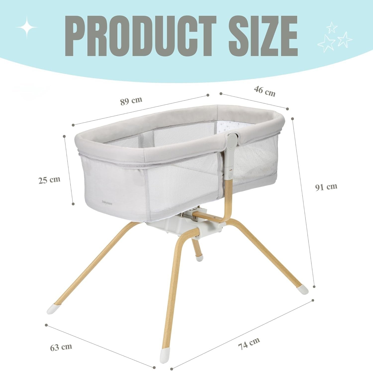 Gliding Baby Crib with Mattress Portable Lightweight Travel Bassinet Light Grey