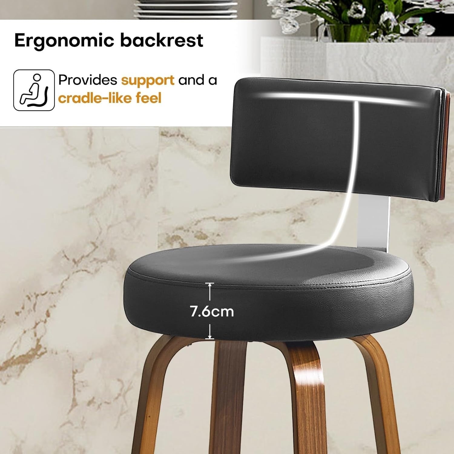 Black Round PU Leather Swivel Bar Stools Set of 2 | Wooden Counter Chairs