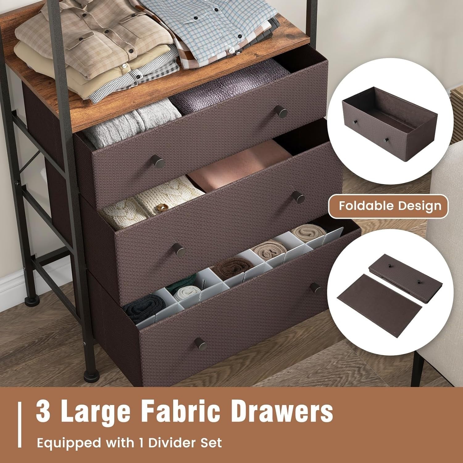 Clothes Rail with 3 Drawers 3-Level Hanging Shelf Brown