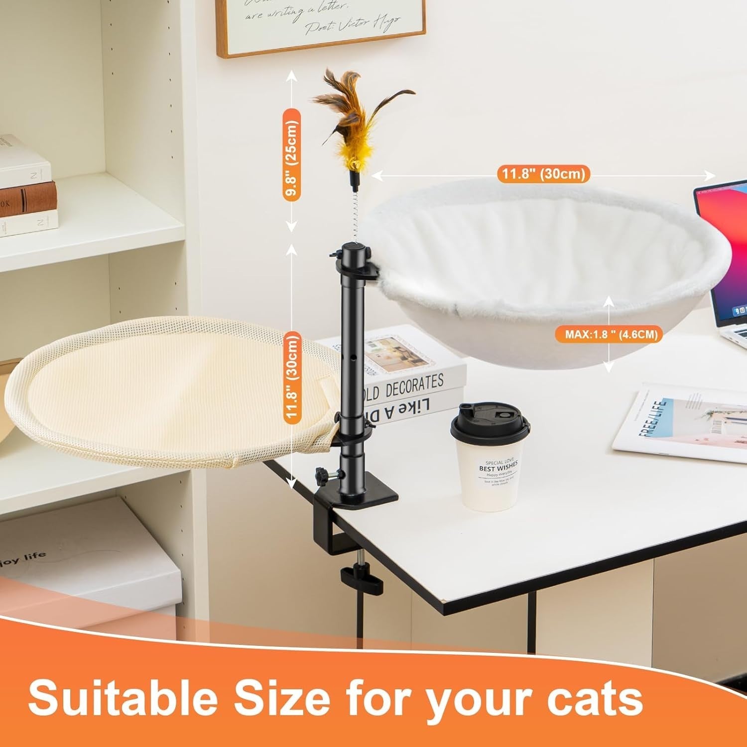 Double Layer Cat Desk Bed 360° Rotating Perch Adjustable w Washable Covers