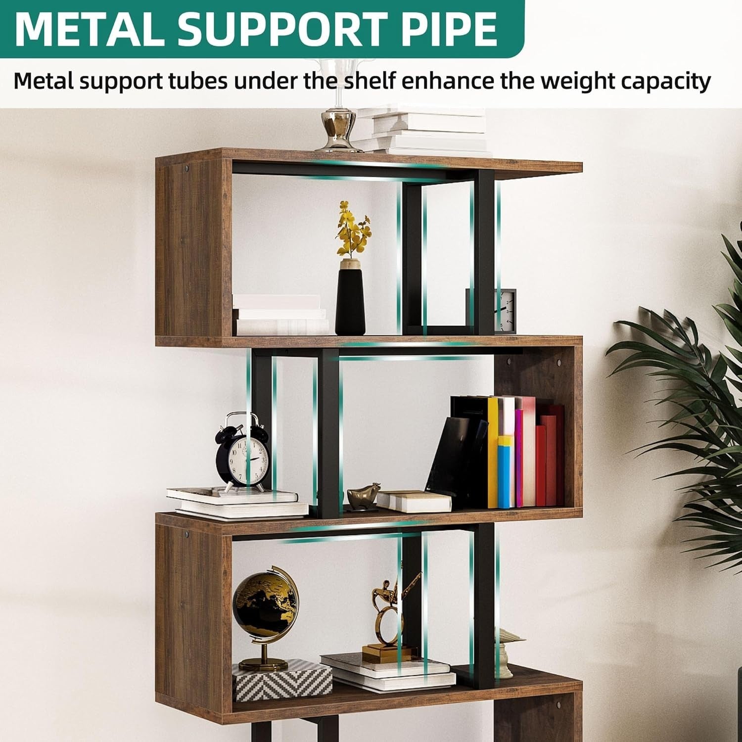 5 Tier S Shaped Bookcase Brown Metal Frame Modern Freestanding Display Shelf