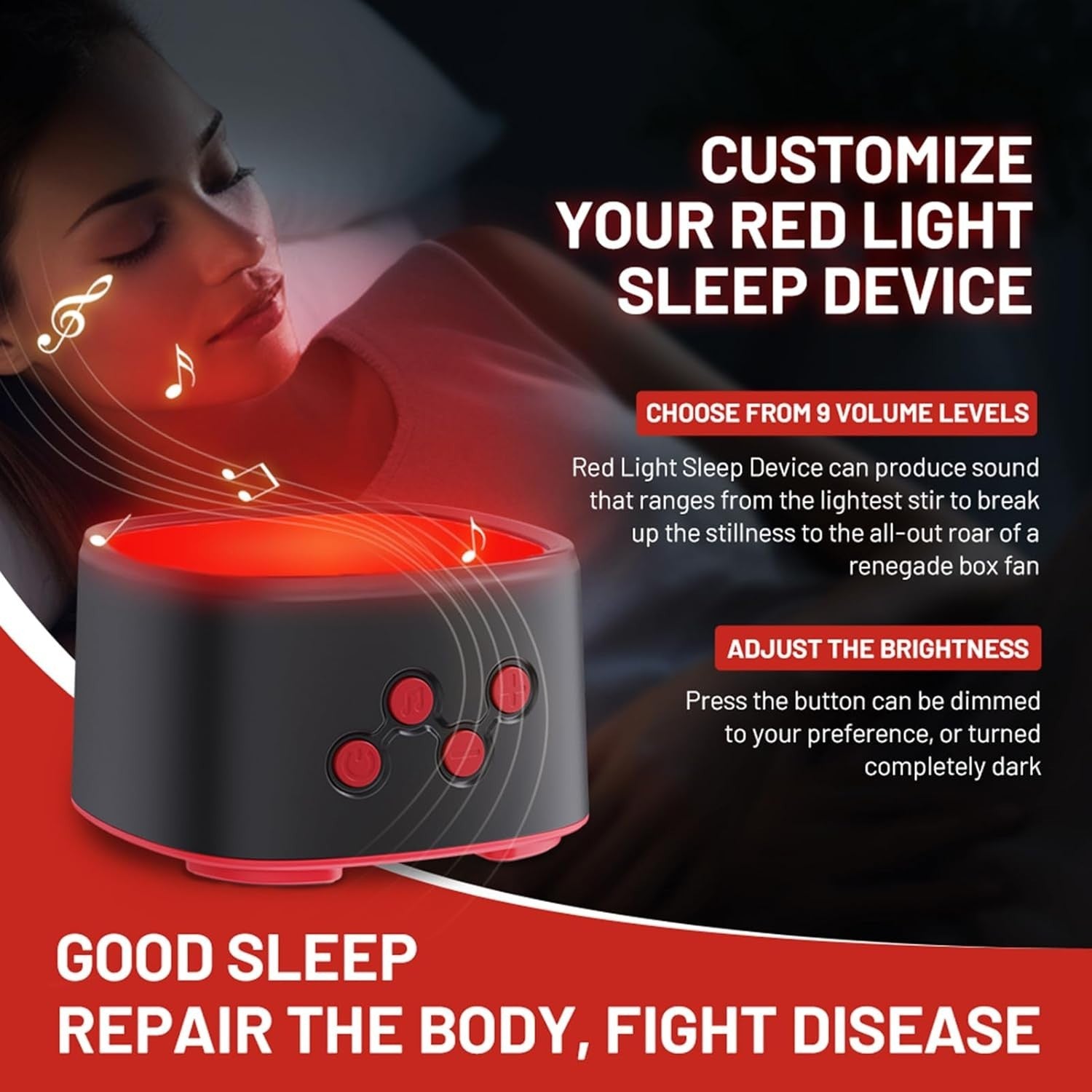 White Noise Sleep Machine with Red Light Therapy | 9 Volumes, 8 Sounds, Recharge