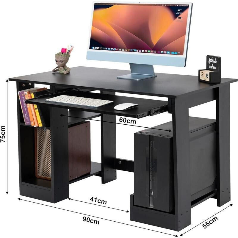Compact Black Office Desk 90cm with Keyboard Tray & Shelves for PC Laptop