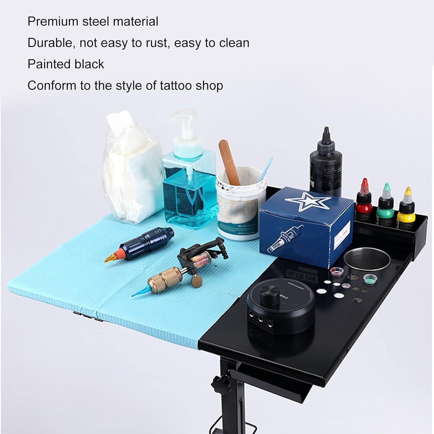 Height Adjustable Tattoo Workstation Mobile Rolling Table with Storage Tray