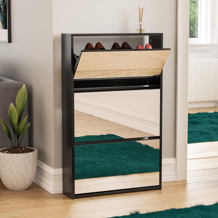 Mirrored 3-Drawer Shoe Cabinet Hallway Storage Unit 62x16.5x100cm Black
