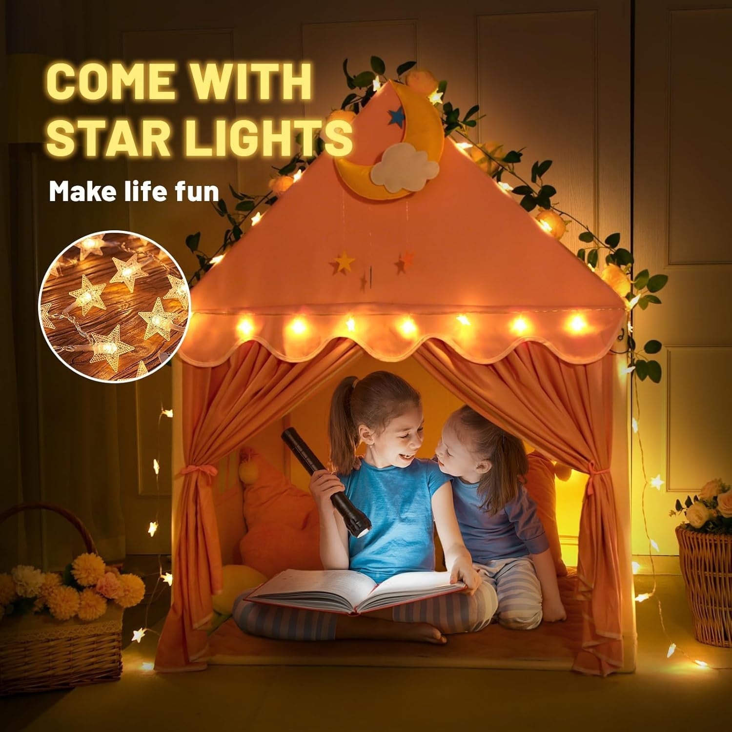 Kids Princess Play Tent with Lights Indoor Playhouse Pink Yellow