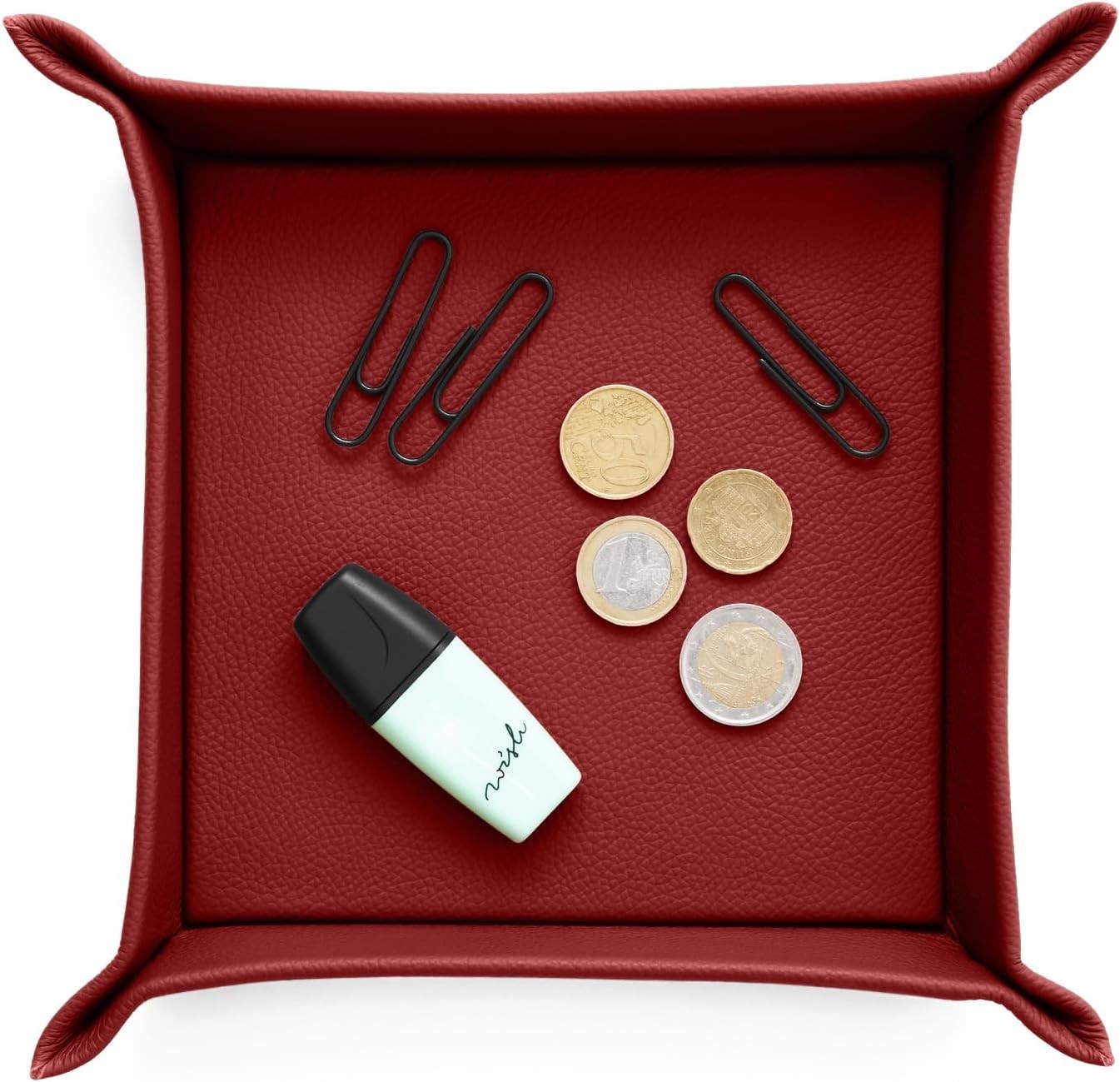 Leather Valet Tray Vivid Red – Desk Organiser for Keys, Coins & Jewellery