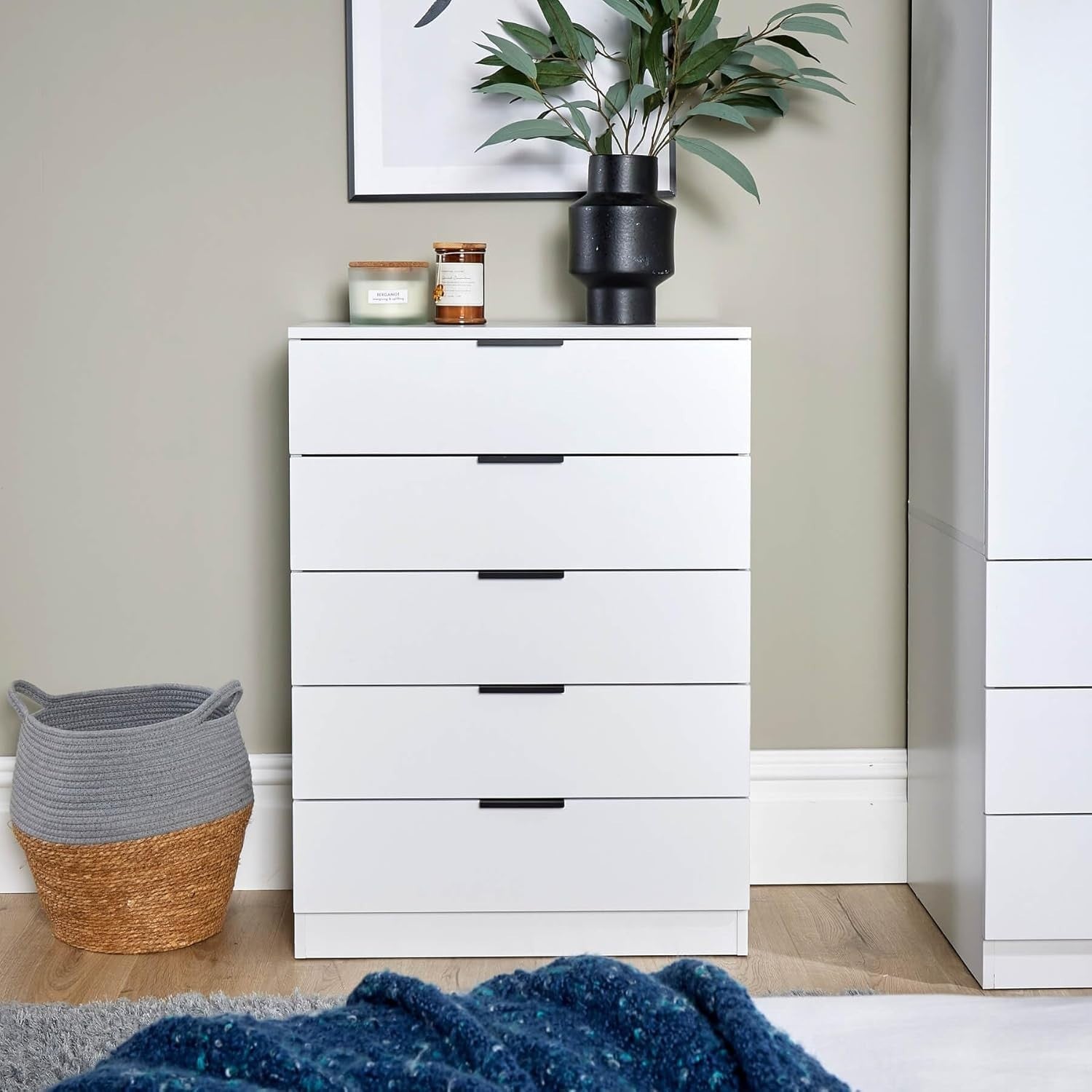 White 5 Drawer Chest of Drawers Bedroom Storage Cabinet Tall Modern Unit