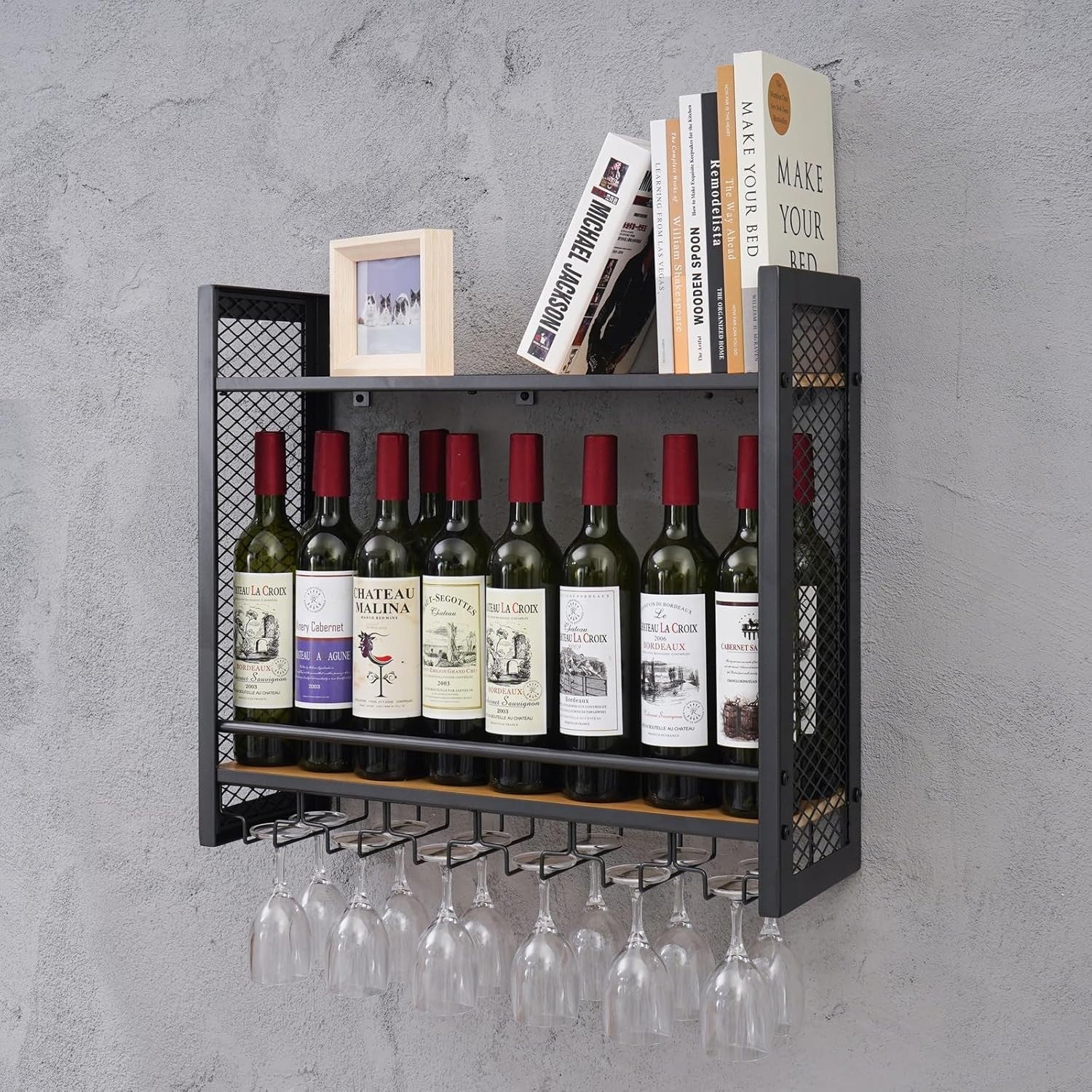 Wall Mounted Wine Rack 2 Tier Metal Wine Shelf with Glass Holder Black