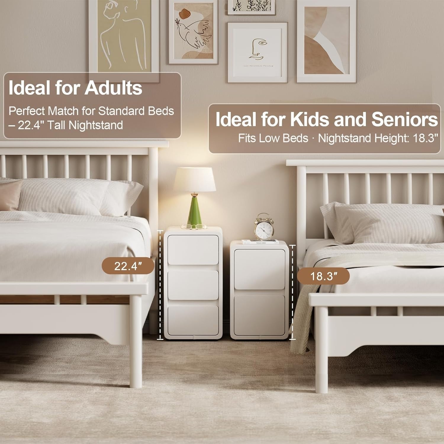 Slim White Bedside Table with 3 Drawers, Narrow Leather-Finish Nightstand