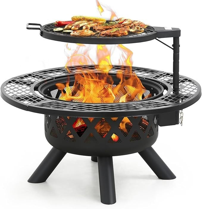 Outdoor Wood Burning Fire Pit with 360° Cooking Grill Large 32" Metal Bowl