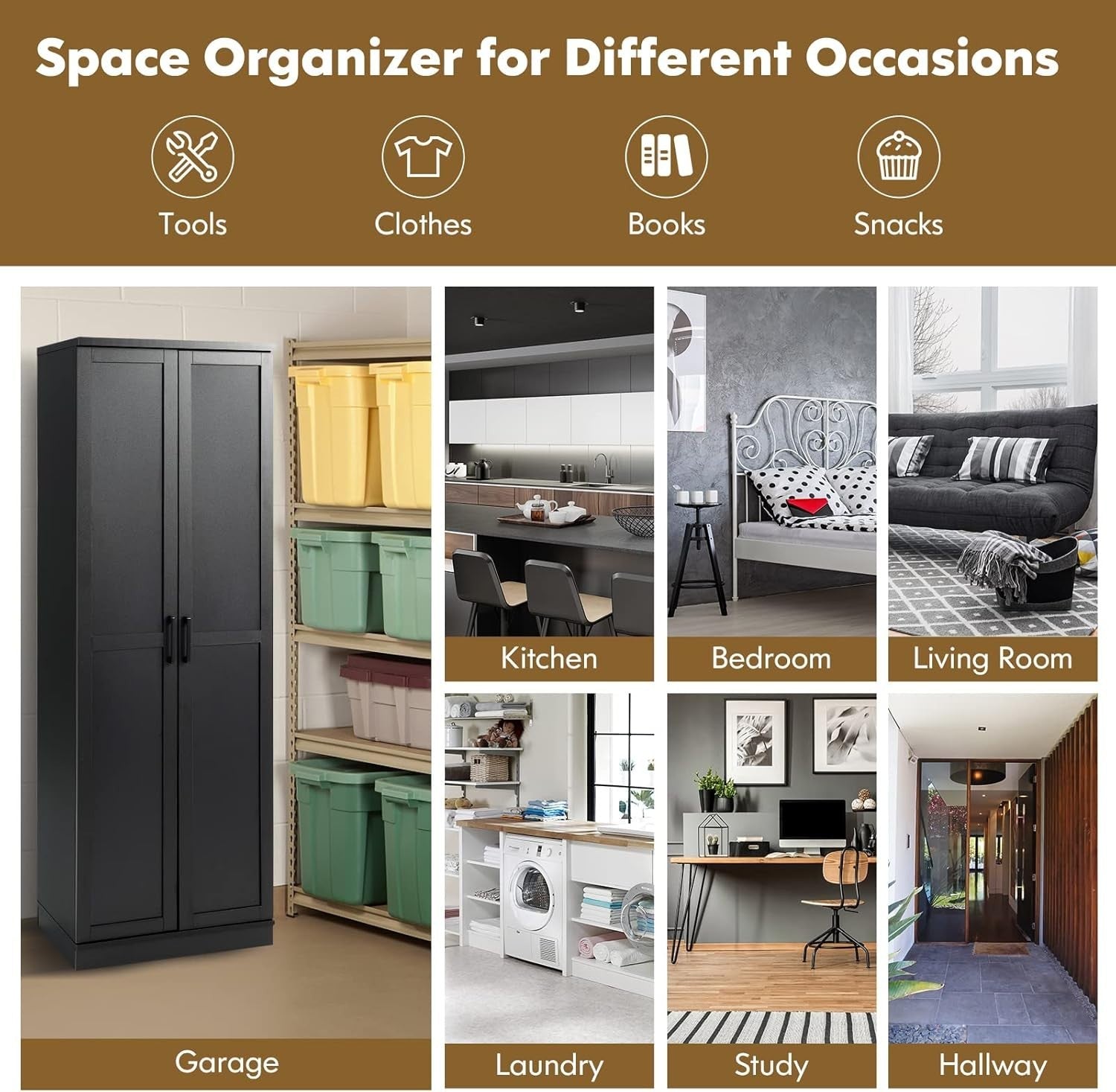 Tall Storage Cabinet w/ Adjustable Shelves, 2 Doors, Freestanding Cupboard