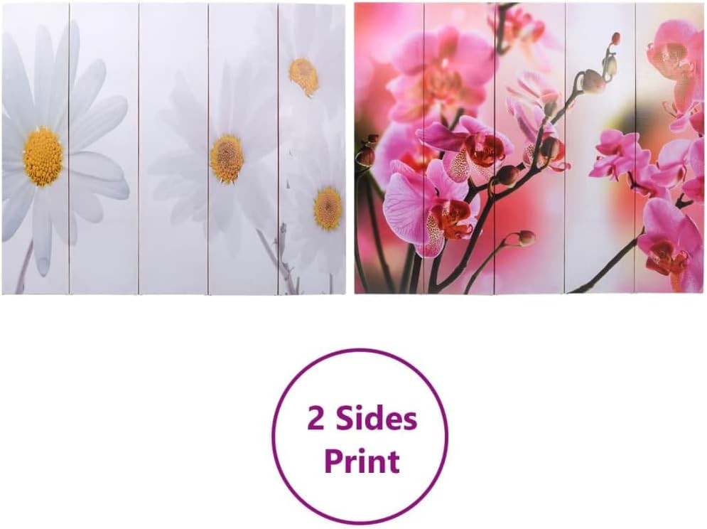 Flower Design Folding Room Divider 200x170cm Wood Frame Privacy Screen