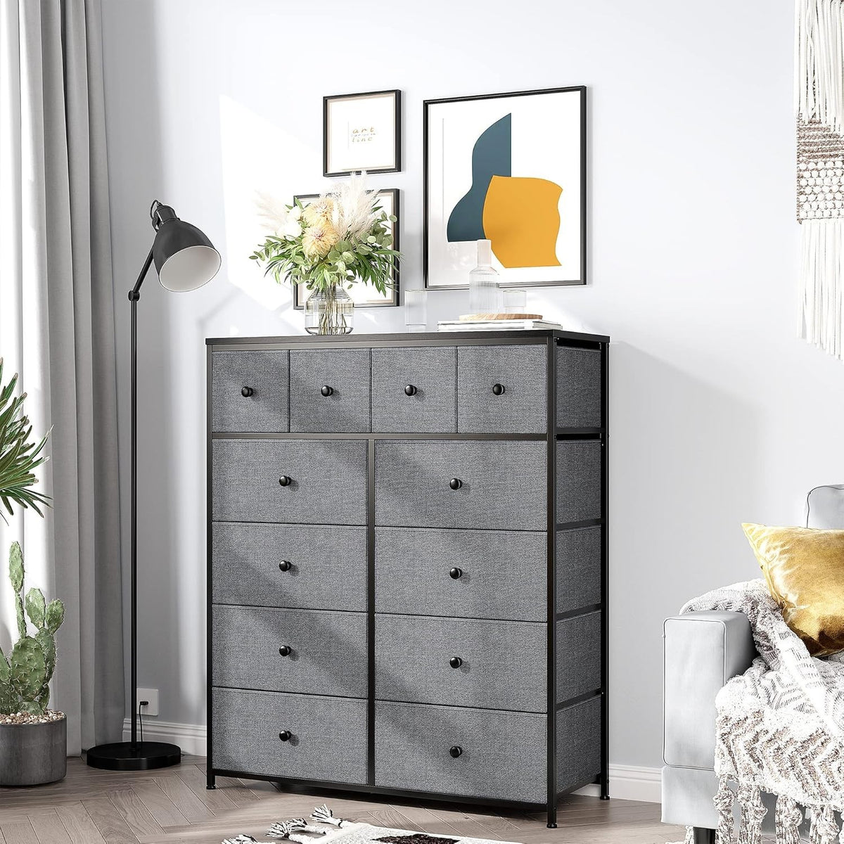 Tall Chest of Drawers Grey 12 Drawer Storage Unit for Bedroom Closet