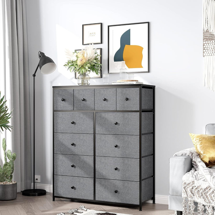 Tall Chest of Drawers Grey 12 Drawer Storage Unit for Bedroom Closet