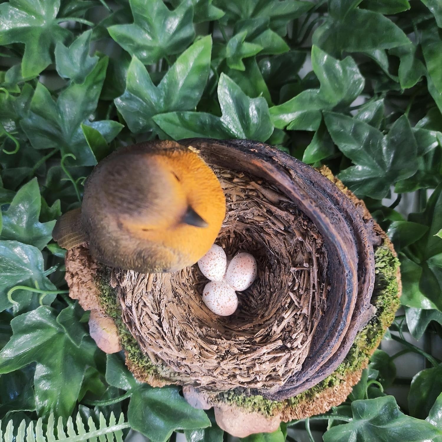 Robin Bird Ornament on Nest with Eggs • Realistic Garden Lawn Decor 16cm