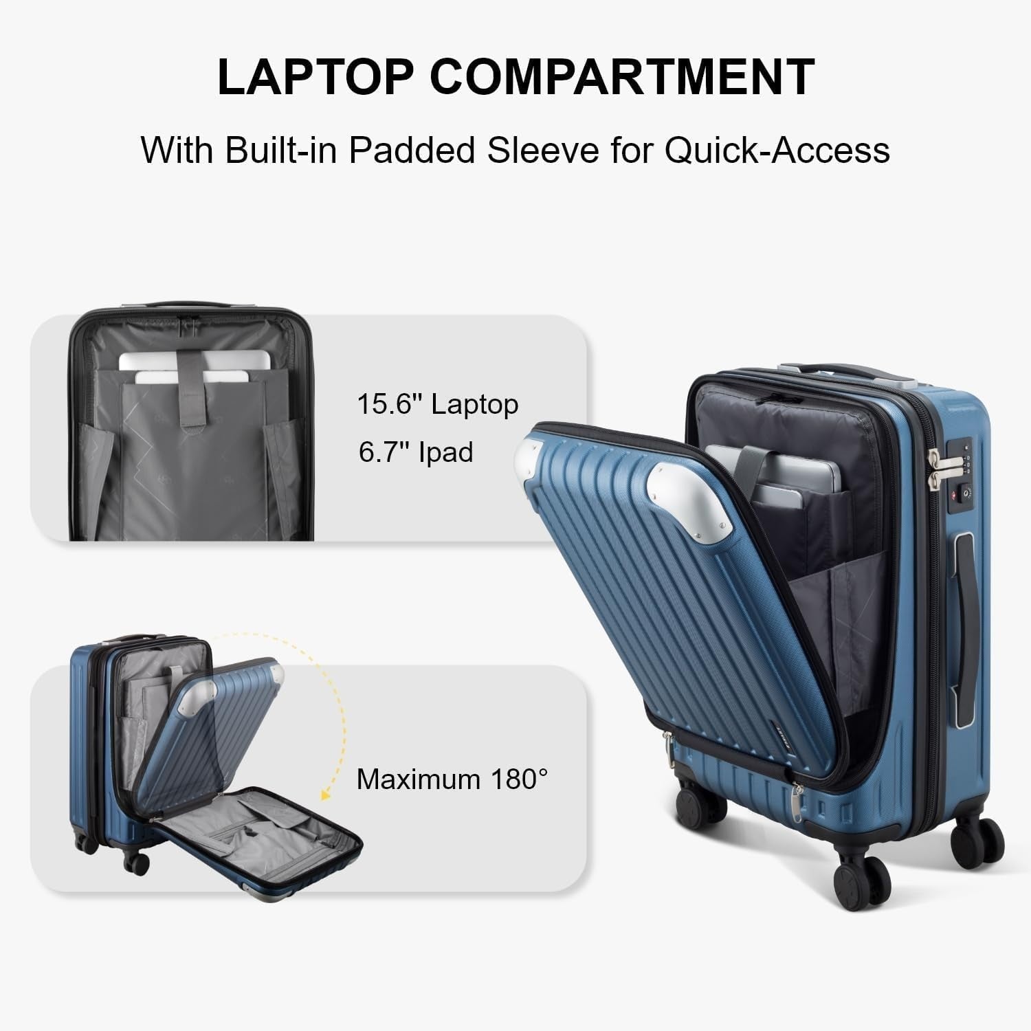 20 Inch Carry On Cabin Suitcase ABS Hard Shell Spinner w Laptop Compartment TSA