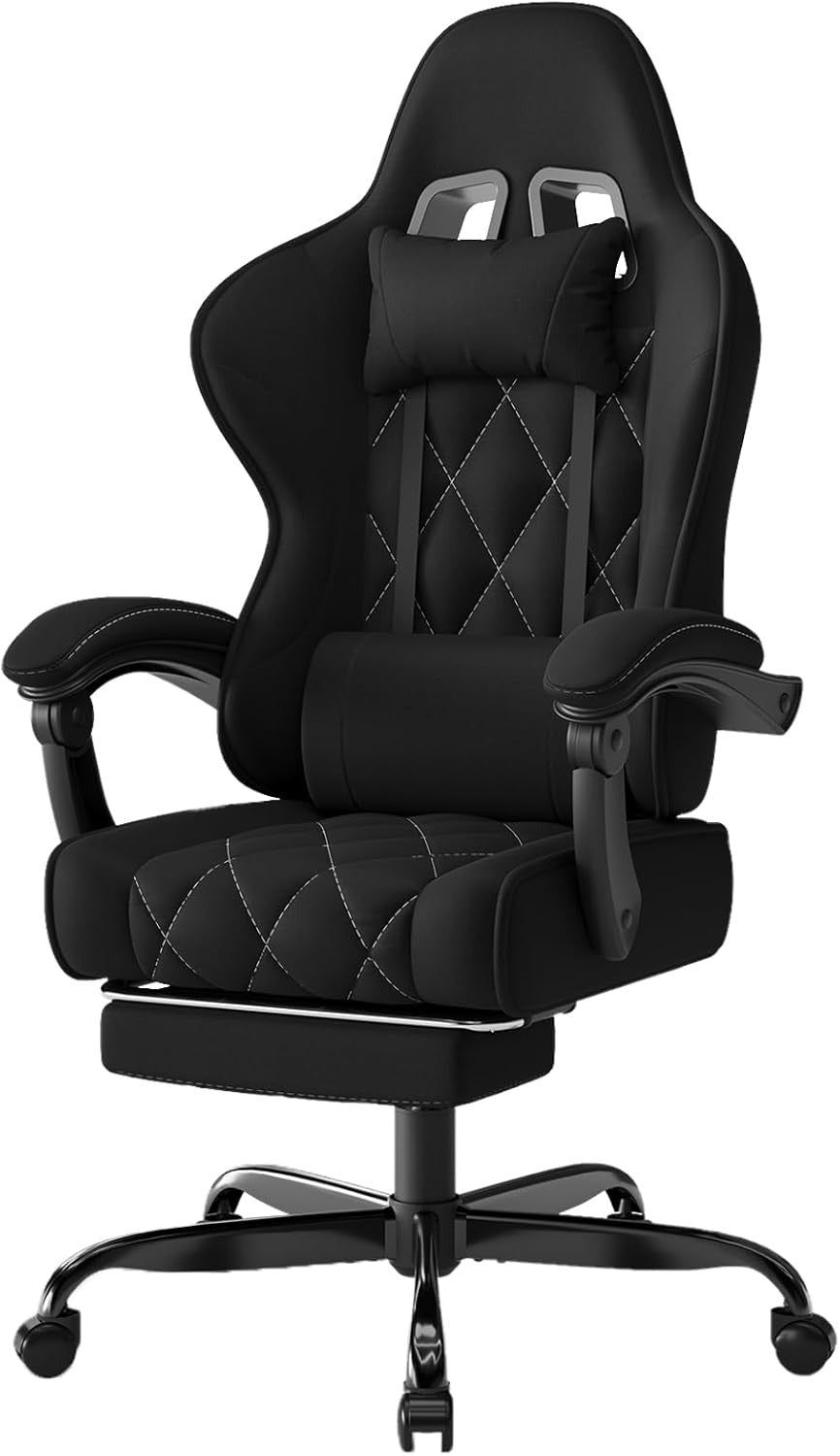 Ergonomic Fabric Gaming Chair Recliner w/ Footrest & Massage
