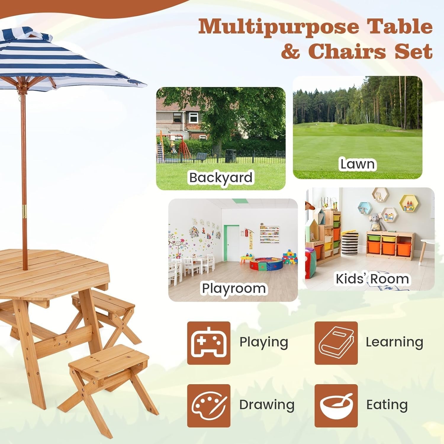 Kids Outdoor Wooden Picnic Table Set w/ Benches & Parasol | 4 Seater