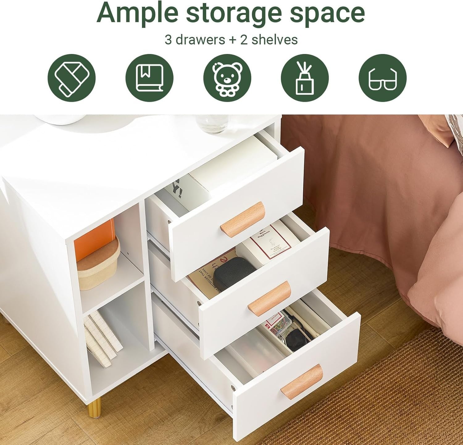 Modern White 3 Drawer Bedside Table with Shelves – Scandinavian Storage Unit