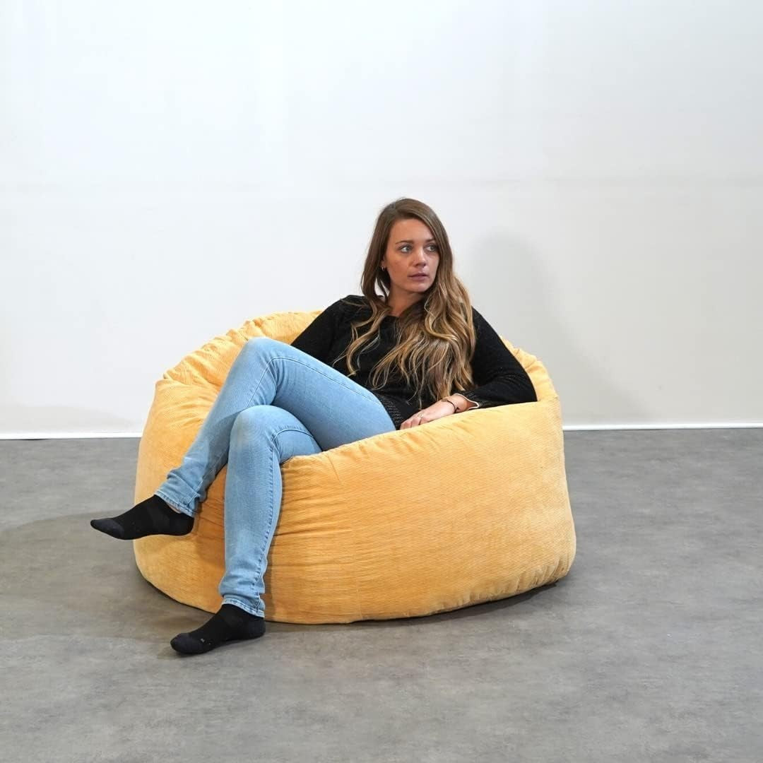Yellow Corduroy Bean Bag Chair – Adult Lounge Seat, 100cm Foam Filled