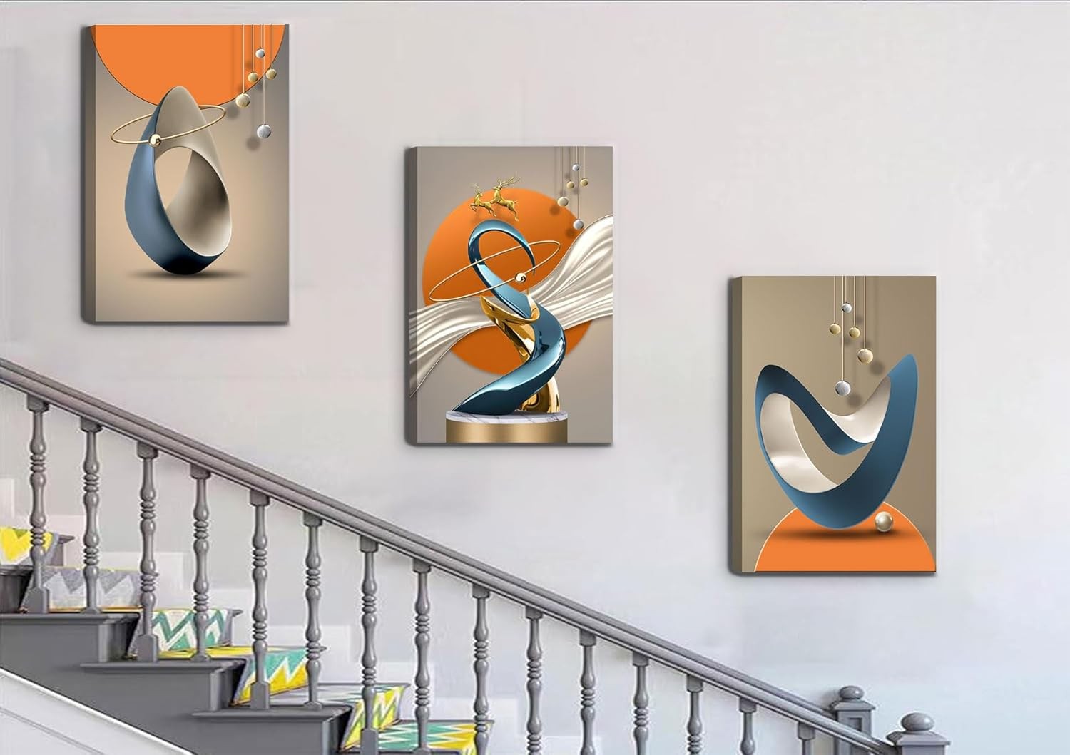 3Pcs Modern Abstract Canvas – Gold Deer Lines White Blue Orange Wall Art