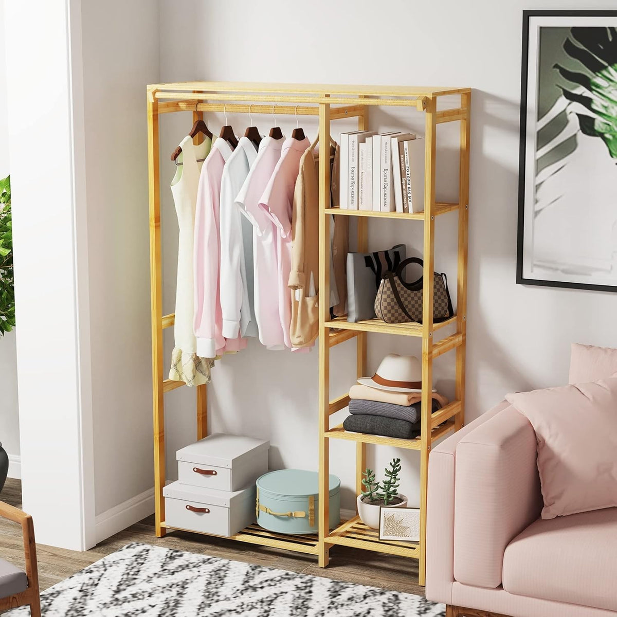 Bamboo Clothes Rack Organizer with Shelves, Garment Rail Wardrobe