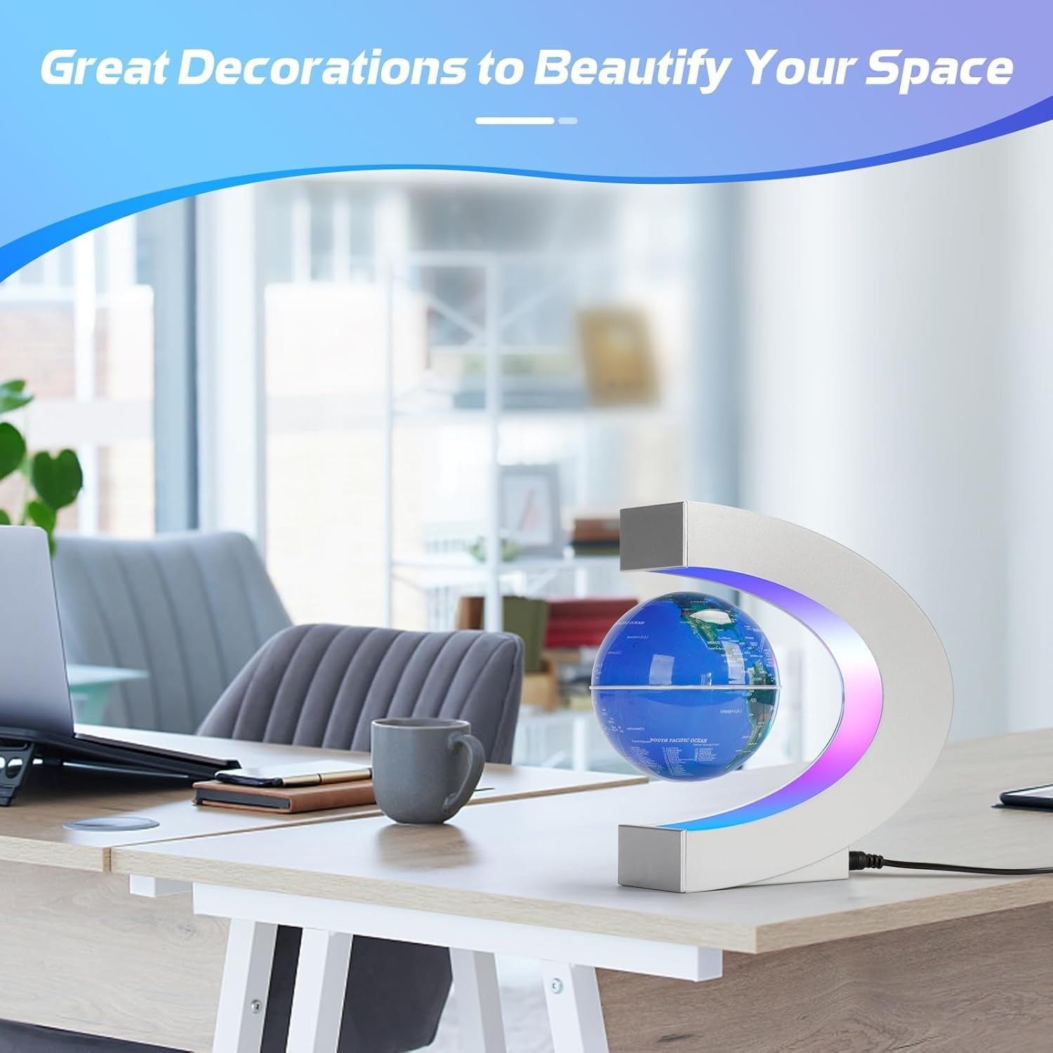 Magnetic Levitating Globe Silver LED Floating Desk Touch Lamp