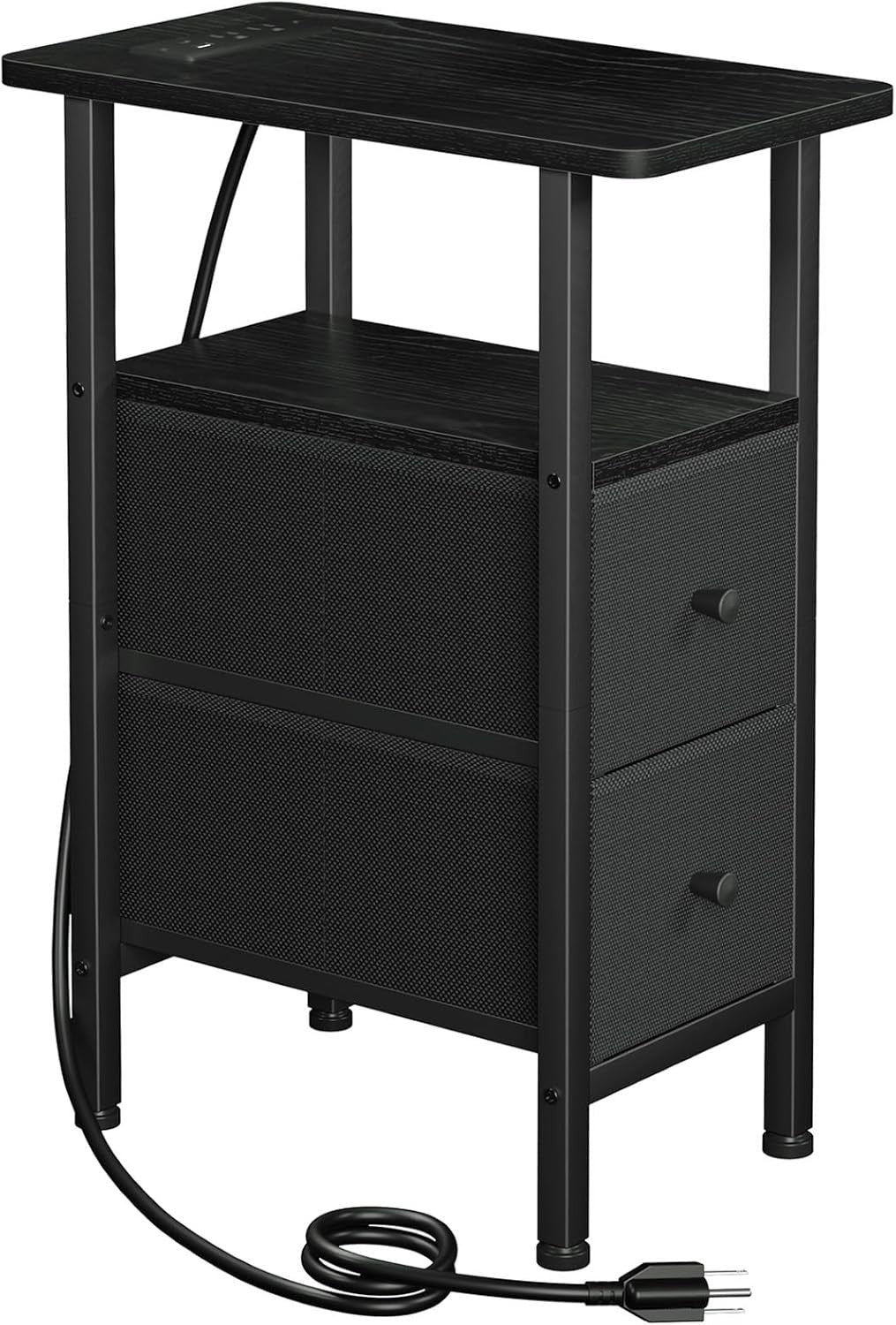 Slim Bedside Table with USB Charging, 2 Fabric Drawers & Open Shelf Black