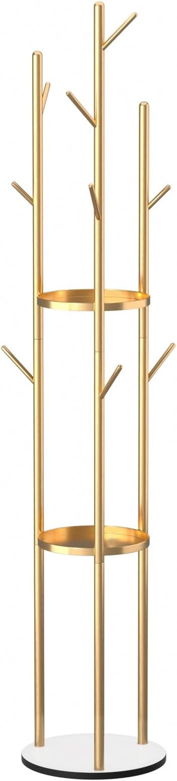 Luxury Gold Coat Rack Stand | Marble Base Hall Tree with 3 Shelves & Hooks
