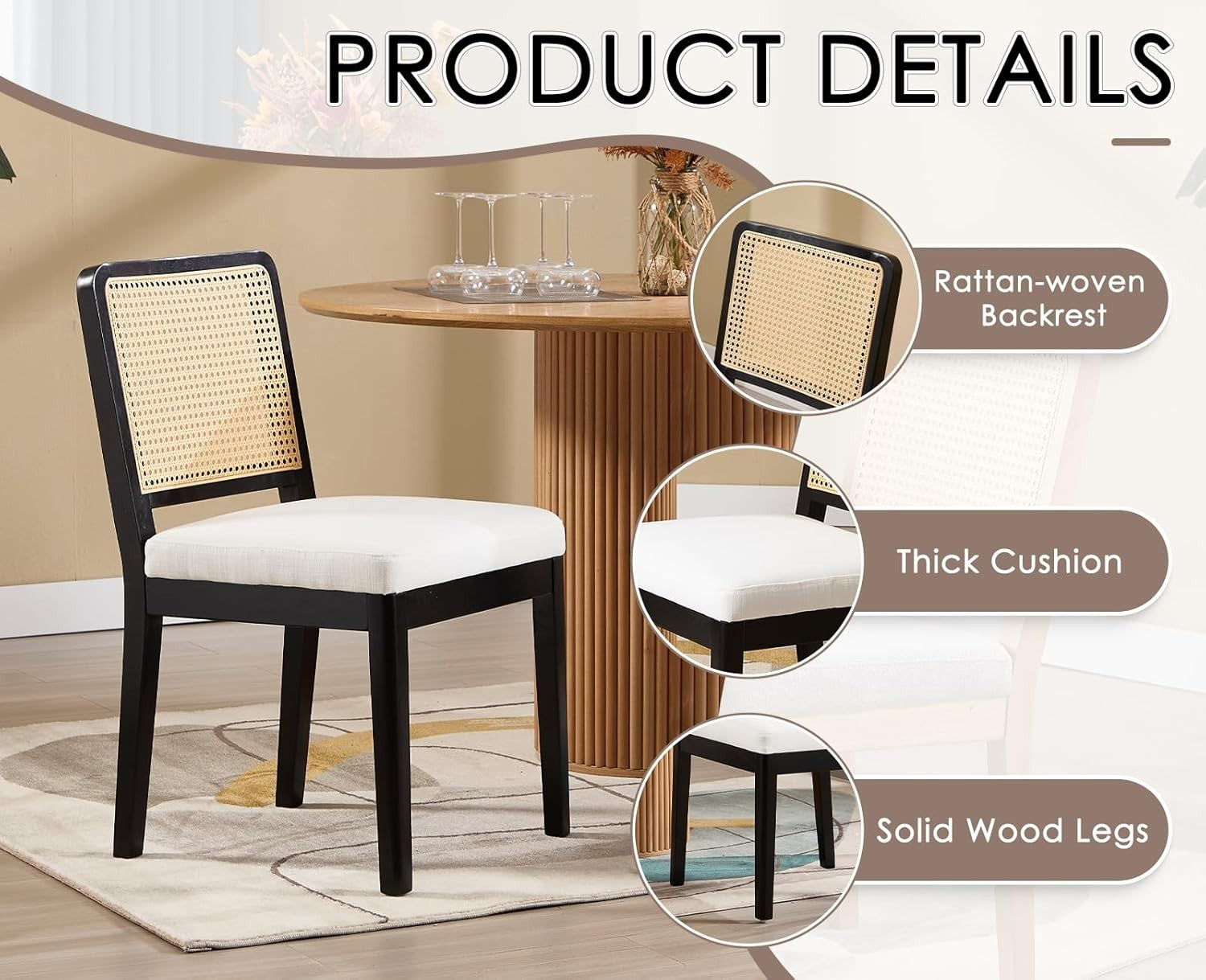 Black Rattan Dining Chairs Set of 4 Upholstered Mid Century Solid Wood Seats