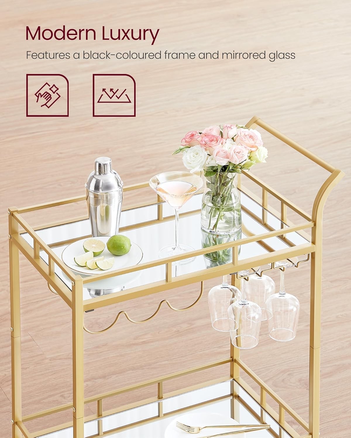Gold Drinks Trolley Bar Cart on Wheels with Wine Glass Holders & Shelves