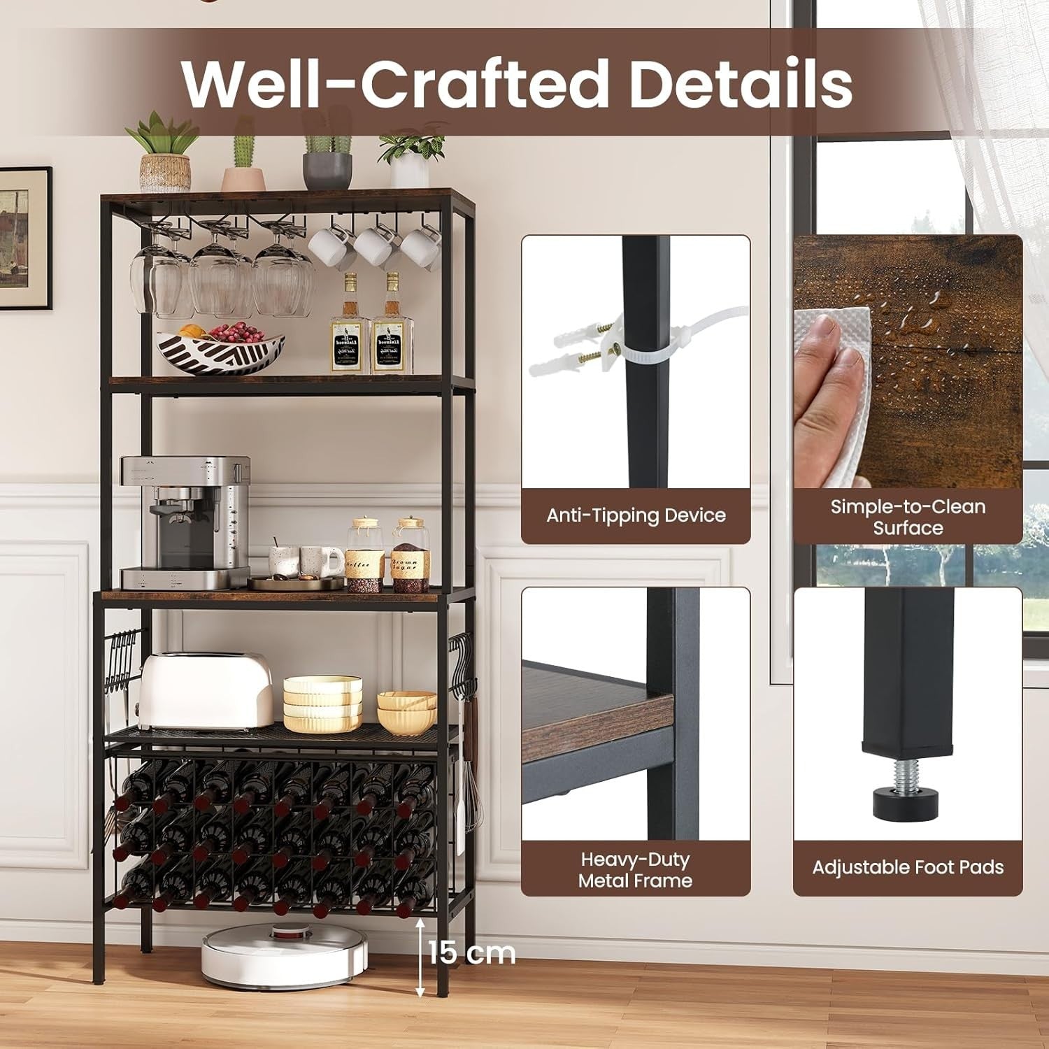 4 Tier Wine Bar Cabinet with Power Outlets, 24 Bottle Rack, Glass & Mug Holder