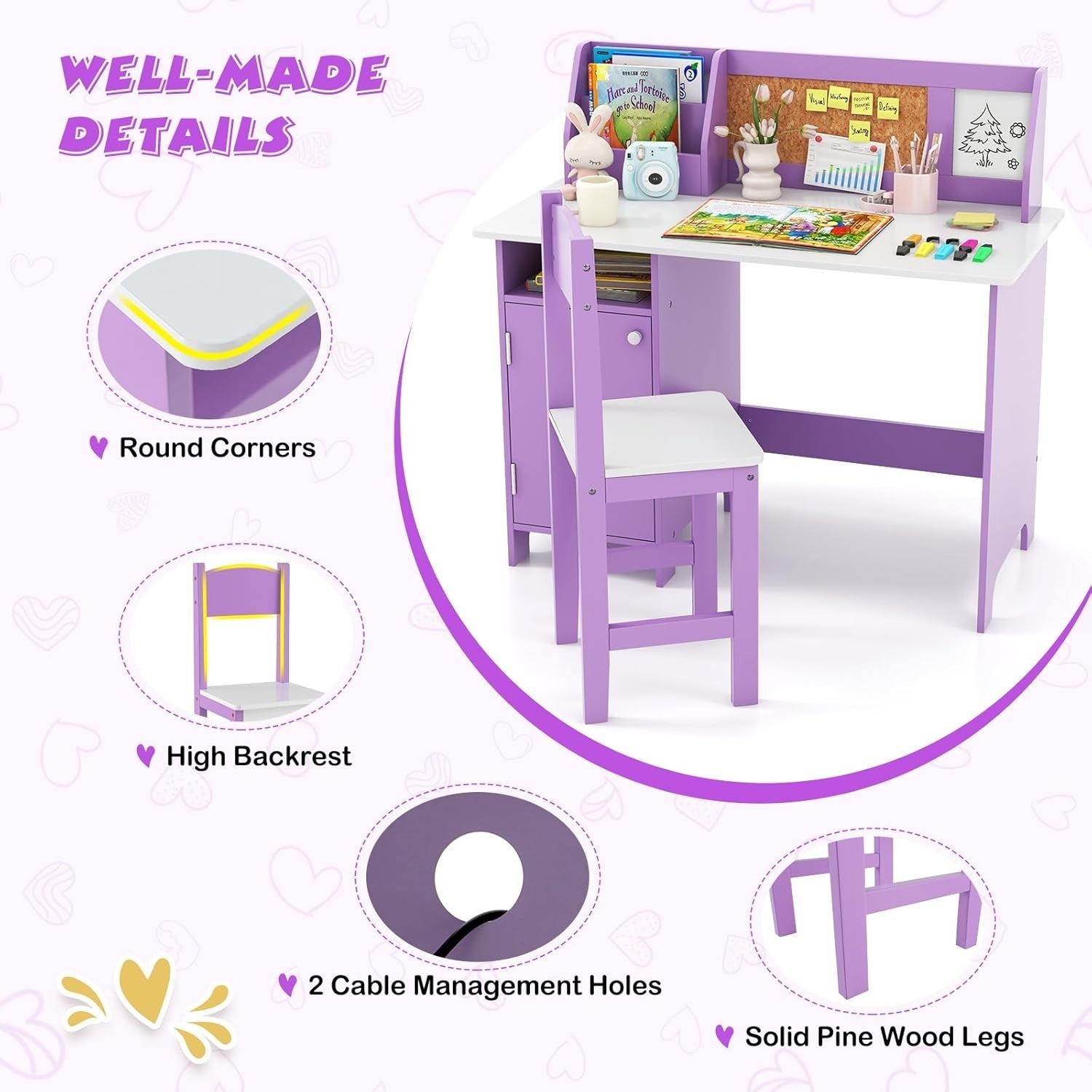 Kids Study Desk & Chair Set with Storage Cabinet, Cork Board, Ergonomic